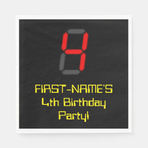 4th Birthday: Red Digital Clock Style "4" + Name Napkin