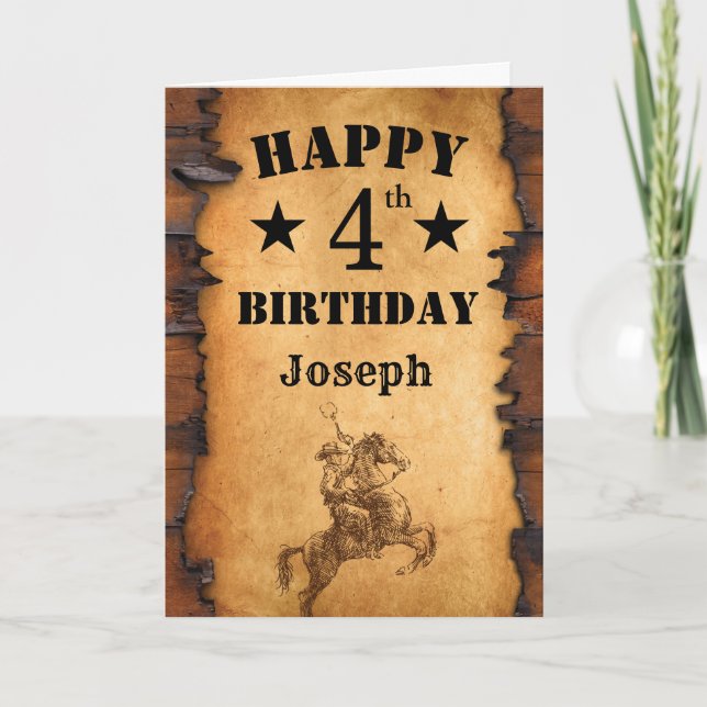 4th Birthday Rustic Country Western Cowboy Horse Card (Front)