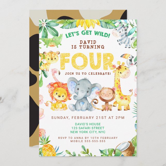 4th Birthday Safari Animals Jungle Theme Zoo FOUR Invitation (Front/Back)