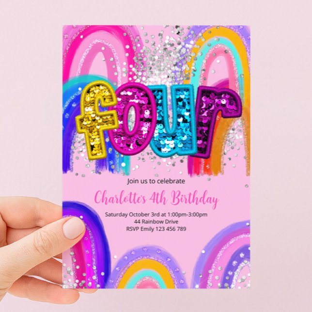 4th Birthday Sequin Rainbow Party Invitation (Creator Uploaded)