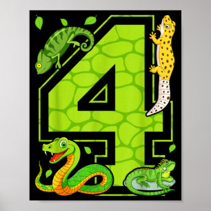 4th Birthday Snake Lizard Reptile 4 Year Old Party Poster