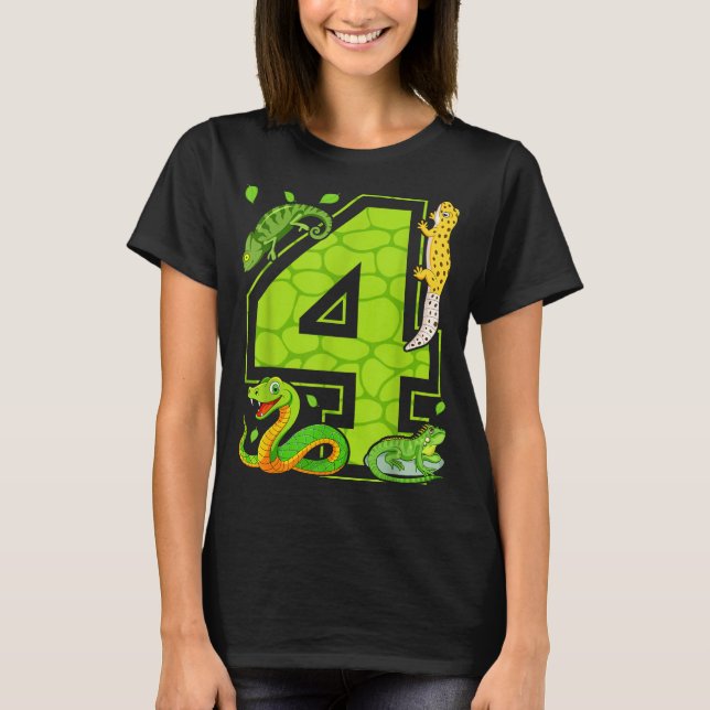 4th Birthday Snake Lizard Reptile 4 Year Old Party T-Shirt (Front)