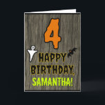 4th Birthday: Spooky Halloween Theme   Custom Name Card<br><div class="desc">The front of this spooky and scary Halloween birthday themed greeting card design features a large number "4". It also features the message "HAPPY BIRTHDAY, ", and a personalized name. There are also depictions of a bat and a ghost on the front. The inside features a custom birthday greeting message,...</div>