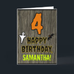 4th Birthday: Spooky Halloween Theme   Custom Name Card<br><div class="desc">The front of this spooky and scary Halloween birthday themed greeting card design features a large number "4". It also features the message "HAPPY BIRTHDAY, ", and a personalized name. There are also depictions of a bat and a ghost on the front. The inside features a custom birthday greeting message,...</div>