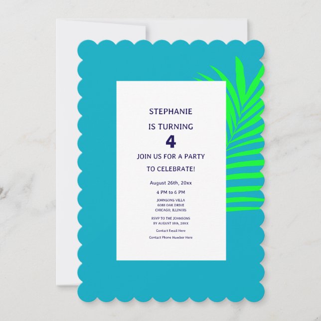 4th Birthday Teal Blue Green Palm Leaf Tropical Invitation (Front)