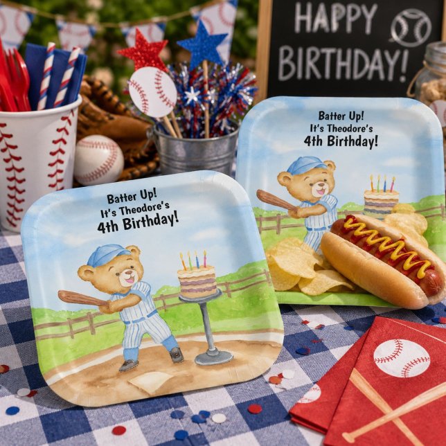 4th Birthday Tee Ball Teddy Bear Baseball Paper Plate (Creator Uploaded)