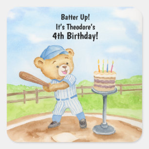 4th Birthday Tee Ball Teddy Bear Baseball Square Sticker
