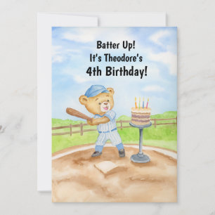 4th Birthday Tee Ball Teddy Bear Basebase Invitation