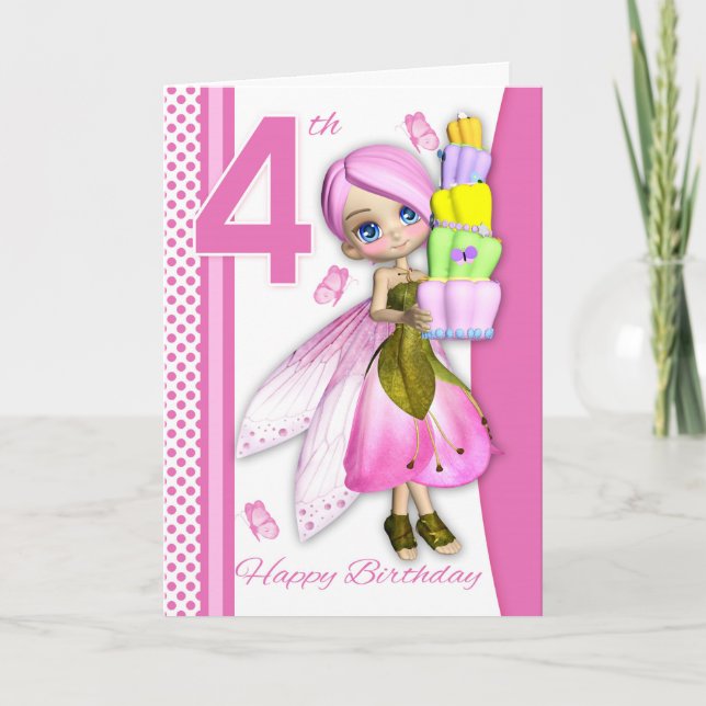4th Birthday Tipsy Cake Fantasy Fairy Cutie Pie Card (Front)