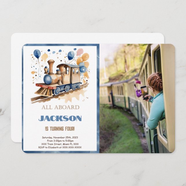 4th Birthday Train Photo Invitation (Front/Back)