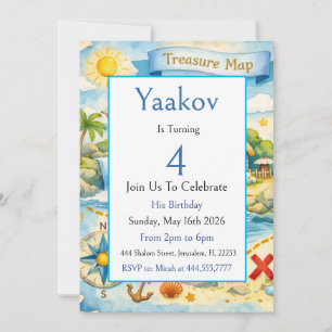 4th Birthday Treasure Map Blue Gold Coastal Ocean Invitation