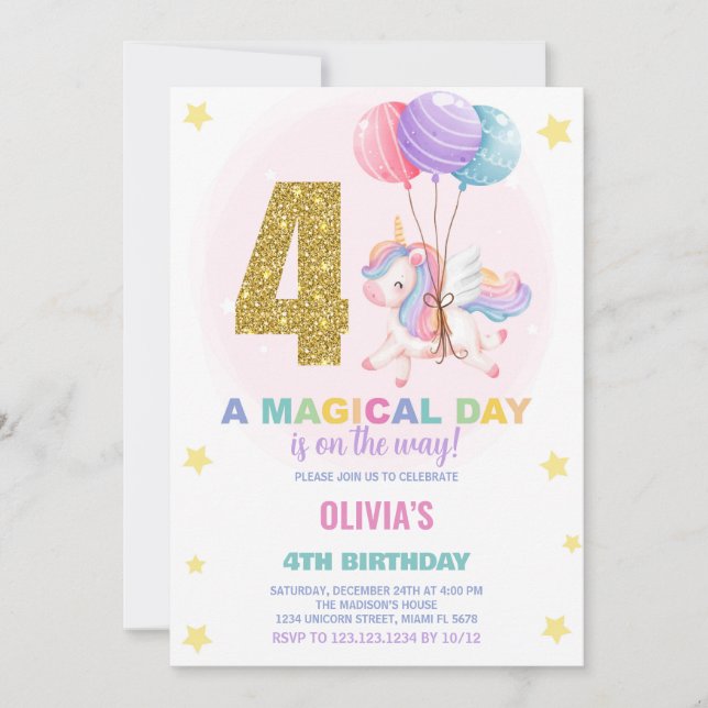 4th Birthday Unicorn Birthday Invitations (Front)