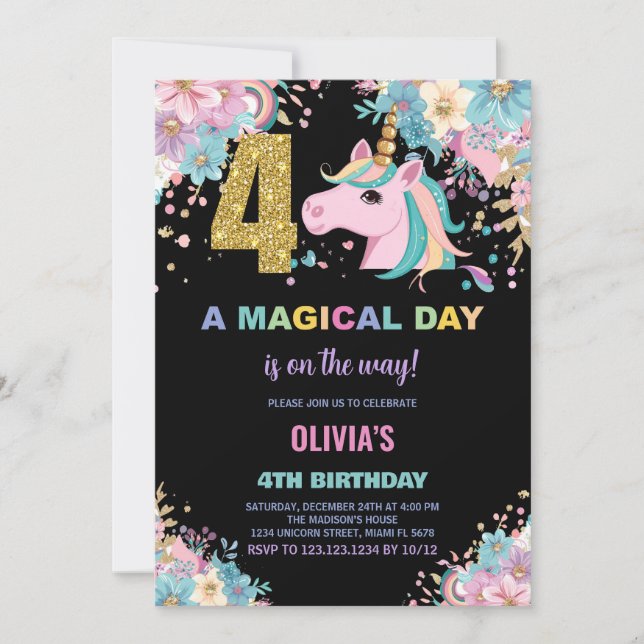 4th Birthday Unicorn Birthday Invitations (Front)