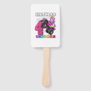 4th Birthday Unicorn Monster Truck Birthday Party Hand Fan