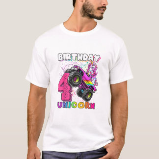 4th Birthday Unicorn Monster Truck Birthday Party  T-Shirt