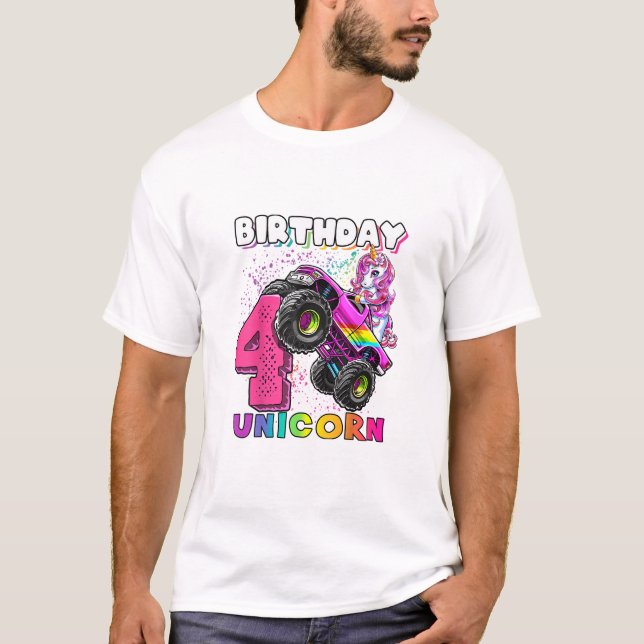 4th Birthday Unicorn Monster Truck Birthday Party  T-Shirt (Front)