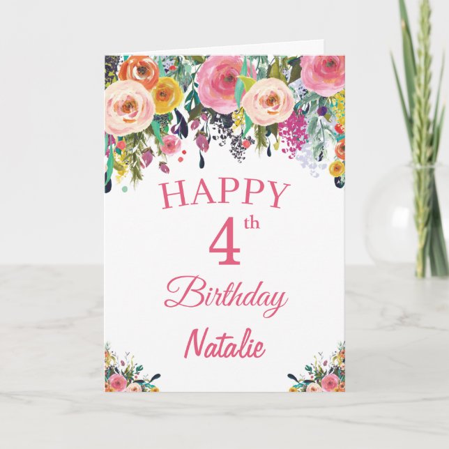 4th Birthday Watercolor Floral Flowers Pink Card (Front)