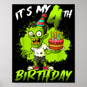 4th birthday zombie 4 years old happy halloween poster