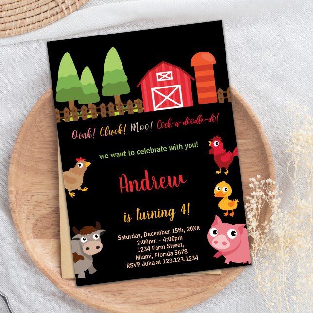 4th Black Red Farm Animals Birthday Invitations (4th Black Red Farm Animals Birthday Invitations)