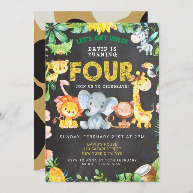 4th Boy Birthday Chalkboard Zoo Animals Jungle  Invitation (Front/Back)