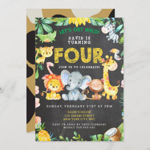 4th Boy Birthday Chalkboard Zoo Animals Jungle  Invitation