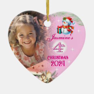 4th Christmas Personalised Girl Photo Heart Gift  Ceramic Tree Decoration