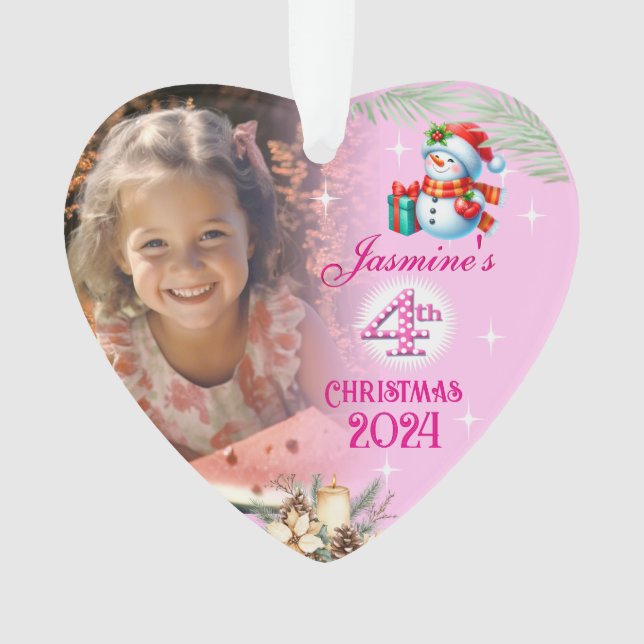 4th Christmas Personalized Girl Photo Heart Gift  Ornament (Front)