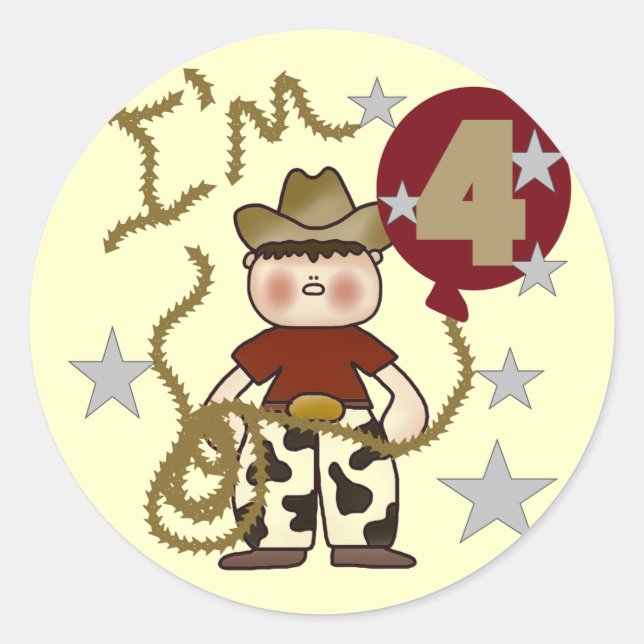 4th Cowboy Birthday Tshirts and Gifts Classic Round Sticker (Front)