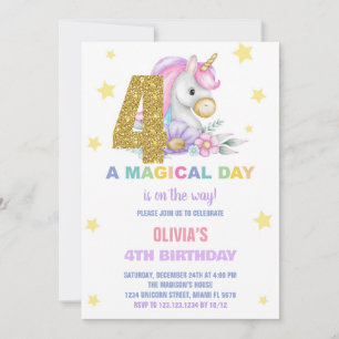 4th Floral Unicorn Birthday Invitations