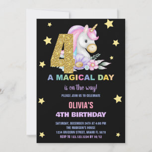 4th Floral Unicorn Birthday Invitations