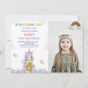 4th Floral Unicorn Birthday Invitations with photo