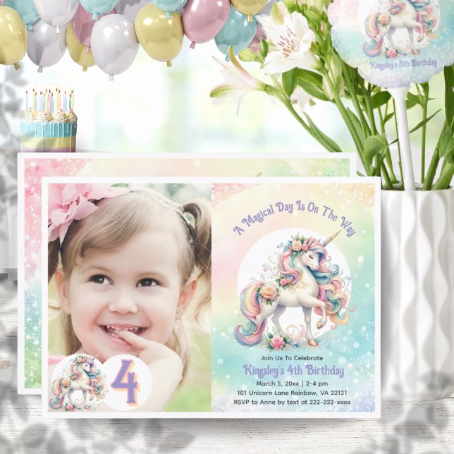 4th Fourth Unicorn Birthday Party Pastel Rainbow Invitation (4th Fourth Unicorn Birthday Party Pastel Rainbow Invitation)