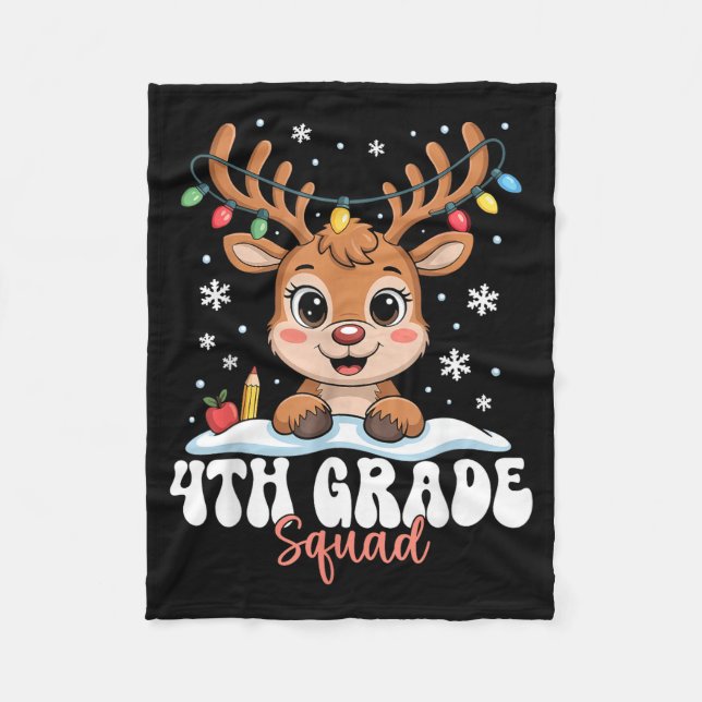 4th Grade Squad Reindeer Christmas Lights Cute Win Fleece Blanket (Front)