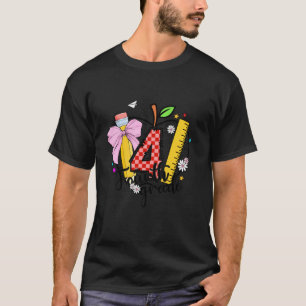 4th Grade Teacher Apple Coquette Bow Pencil Back T T-Shirt