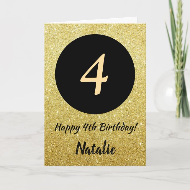 4th Happy Birthday Black and Gold Glitter Card (Front)