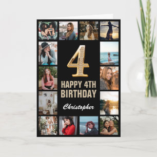 4th Happy Birthday Black and Gold Photo Collage Card