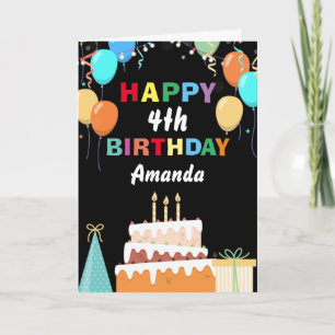 4th Happy Birthday Colourful Balloons Cake Black Card