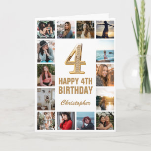 4th Happy Birthday Gold and White Photo Collage Card
