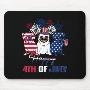 4th July American Flag Three Red White Pug Blue Fi Mouse Pad