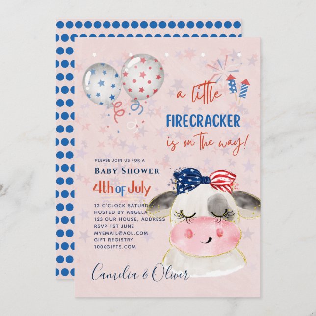 4th July BABY SHOWER INVITE Firecracker Cow (Front/Back)