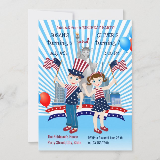 4th July Birthday Conjoint Kids Party  Invitation (Front)