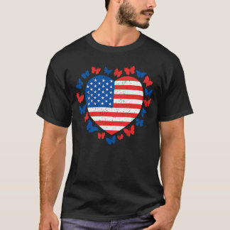 4th july Butterfly American Flag Patriotic Heart U T-Shirt