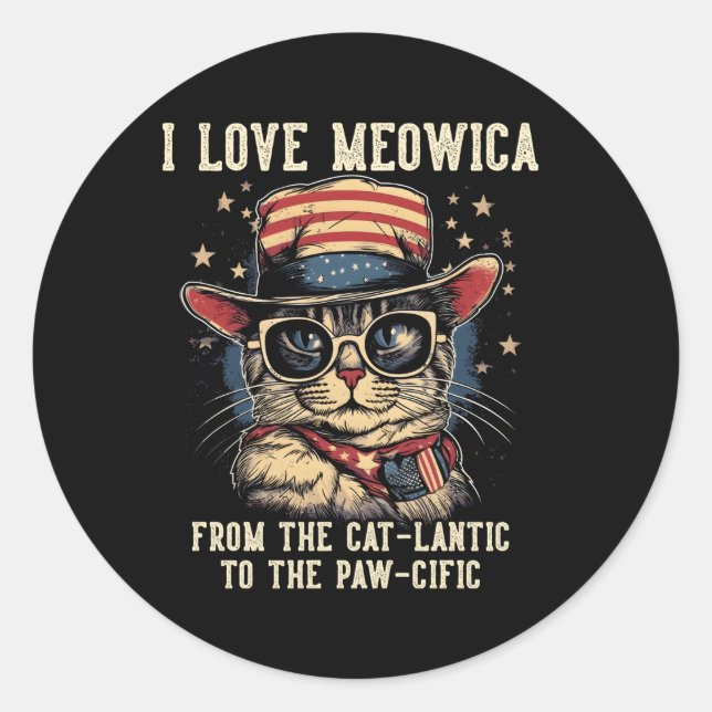 4Th July Cat I Love Meowica Patriotic Cat Classic Round Sticker (Front)