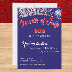 4th July Fireworks BBQ Red White Blue Custom Party Invitation