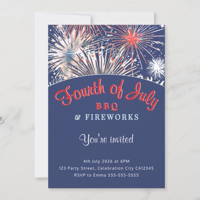 4th July Fireworks BBQ Red White Blue Party Invitation (Front)