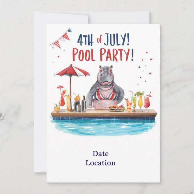 4th July Hippo Bikini in Pool Party  Invitation (Front)