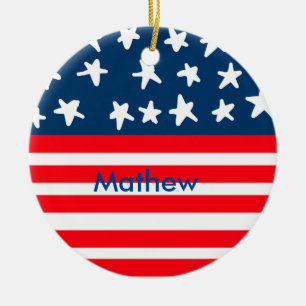 4th july independence day add name text US flag Ceramic Tree Decoration