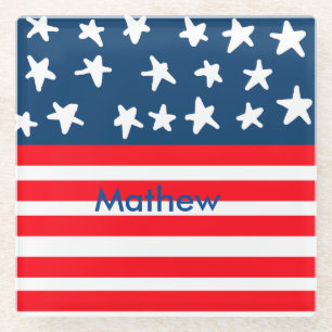 4th july independence day add name text US flag Glass Coaster