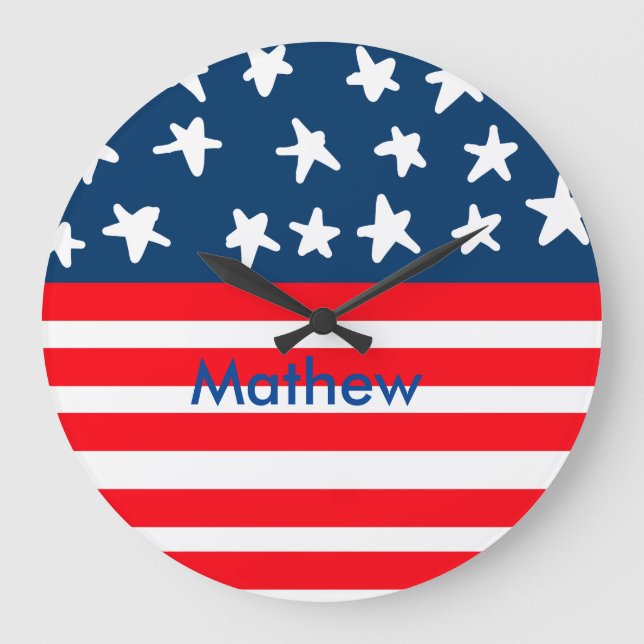 4th july independence day add name text US flag Large Clock (Front)