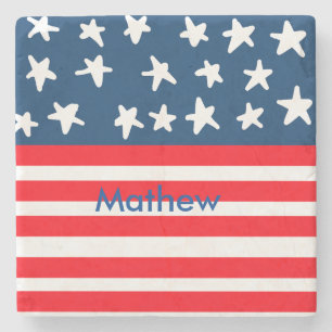 4th july independence day add name text US flag Stone Coaster